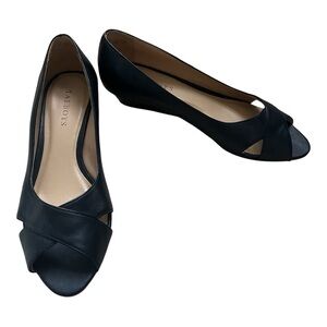 Talbots Black Leather Peep Toe Criss-Cross Wedge Heels Shoes Size 8N